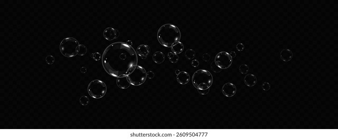 Glowing soap bubbles on black background. Collection of realistic  bubbles, 3D soap balloon. Foam, powder,  Png, soap, detergen, Vector flying  bubbles.