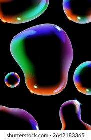 Glowing soap bubbles on black background. Colorful soap bubble. 3D soap balloon. Foam, powder, soap, detergent