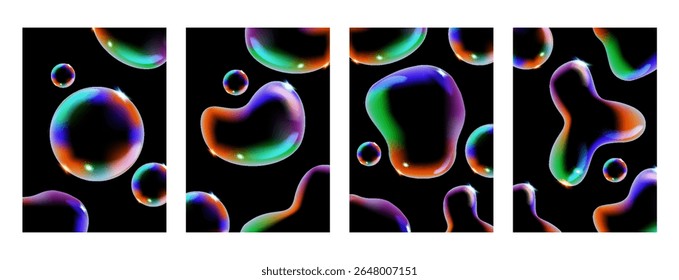 Glowing soap bubbles on black background. Colorful soap bubble. 3D soap balloon. Foam, powder, soap, detergent