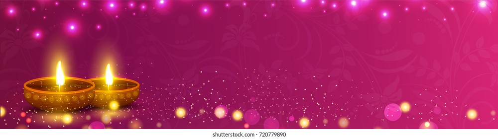 Glowing Social media banner with creative Realistic Oil Lamps for Diwali celebration.