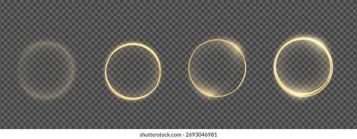 Glowing soft circles frames set. Golden halo rings collection. Light magic orbs. Gold glimmer line borders. Abstract yellow round metallic spheres. Vector illustration on transparent background.