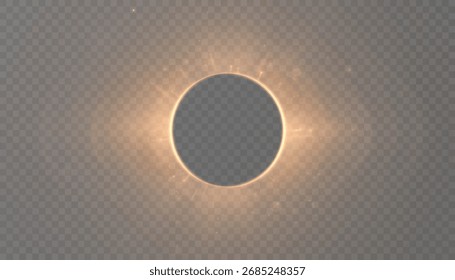 Um círculo de eclipse solar brilhante com uma coroa dourada de luz sobre um fundo transparente. Um anel com brilho abstrato para temas de ficção científica, imagens espaciais e logotipos.