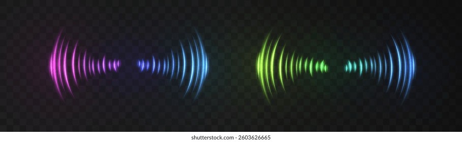 Glowing sound wave patterns with gradient color effects in purple, blue, and green, ideal for digital designs or audio-related themes