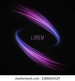 Glowing space banner. Sparkling wave trails effect. Magic shiny trails swirl on transparent background.