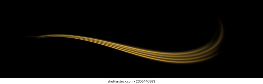 Glowing spark swirl trail tracing on dark blue background. Abstract light lines of movement and speed. Orange and yellow luminosity, abstract neon motion glowing wavy lines. Vector illustration.