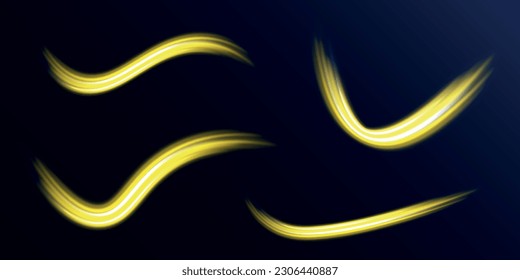 Glowing spark swirl trail tracing on dark blue background. Abstract light lines of movement and speed. Orange and yellow luminosity, abstract neon motion glowing wavy lines. Vector illustration. 