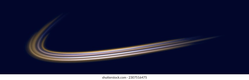 Glowing spark swirl trail tracing on dark blue background. Abstract light lines of movement and speed. Orange and yellow luminosity, abstract neon motion glowing wavy lines. Vector illustration.