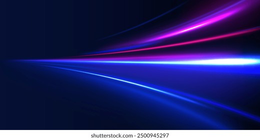 Glowing spark swirl trail tracing on dark blue background. Abstract light lines of movement and speed. Light line moving with speed.