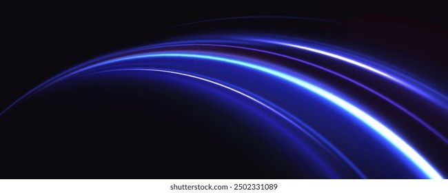 Glowing spark swirl trail tracing on dark blue background. Abstract light lines of movement and speed. Light line moving with speed.