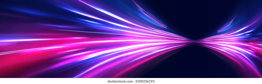 Glowing spark swirl trail tracing on dark blue background. Abstract light lines of movement and speed. Light line moving with speed.