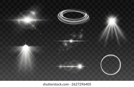 Glowing Sparkle Light Beam with Curved Lines and Flash Explosion – White Abstract Backdrop Featuring Illuminated Magic Flare, Glitter Rays, and Transparent Twirl Effect

