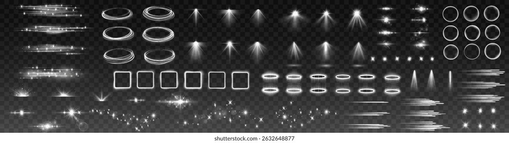 Glowing Sparkle Light Beam with Curved Lines and Flash Explosion – White Abstract Backdrop Featuring Illuminated Magic Flare, Glitter Rays, and Transparent Twirl Effect

