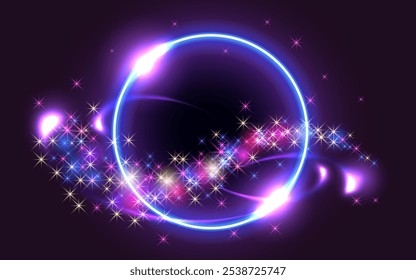 Glowing sparkle round frame on dark fantastic background. Abstract neon space portal into another dimension. Christmas holiday background.