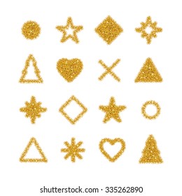 Glowing sparkles, gold elements on white background. Glossy glitter for luxury premium design. Gold sequins for party vip event, christmas new year.