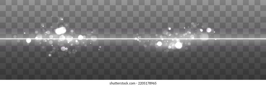 Glowing sparkles white line. Set of flash, lights effects. Bright glares on transparent background. Abstract sparks bokeh. Silver horizontal light rays streaks. Laser beams, speed motion lines. Vector
