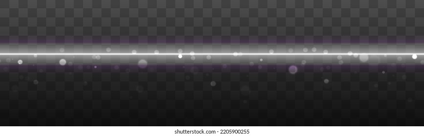El brillo brilla la línea blanca. Juego de flash, efectos de luces. Brillantes brillantes en fondo transparente. El abstracto choca con el bokeh. Rayos de luz horizontales plateados. Vigas láser, líneas de movimiento de velocidad. Vector