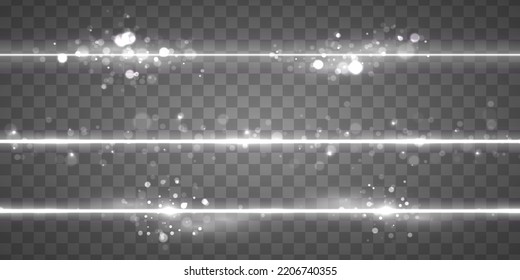 Glowing sparkles white line. Set of flash, lights effects. Bright glares on transparent background. Abstract sparks bokeh. Silver horizontal light rays streaks. Laser beams, speed motion lines. Vector