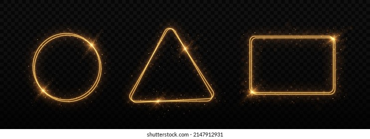 Glowing sparkling Frames. Glitter сircle, square, polygon, rectangle. Set of golden frames.