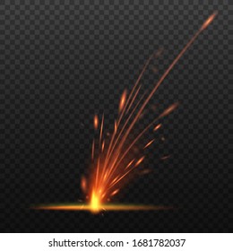 Glowing and sparkling sparkler mockup, realistic vector illustration on dark transparent background. New Year festive abstract burning bengal light template.