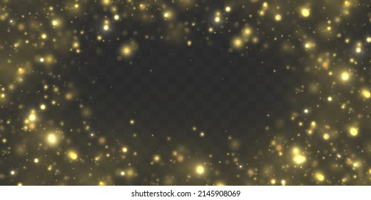 Glowing sparks glitter special light. Abstract golden bokeh lights and sparkles on transparent background. Falling stars with gold dust. Sparkling magical yellow dust particles and stardust. Vector.