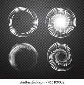 Glowing special vector light effects set isolated on plaid background. Smoke swirl, flare and explosion with transparency. 