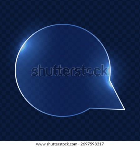 Glowing speech bubble in glassmorphism style on dark blue background with soft neon edges, bright reflections and luminous highlights creating a modern light depth.
