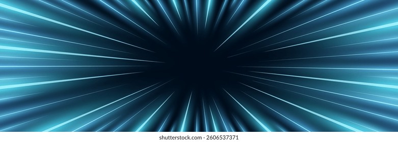 Glowing speed lines burst from center. Dynamic radial motion effect with neon streaks creating a futuristic sci-fi tunnel illusion. Perfect for hyperspace, racing or action backgrounds.