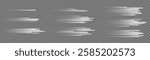 Glowing speed lines. High speed white line motion effect, light rays fast movement with blur. Shiny dynamic sparkles tail trace. Horizontal light streaks vector isolated set.
