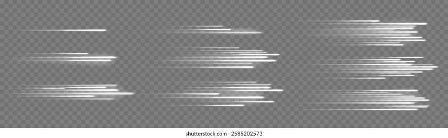 Glowing speed lines. High speed white line motion effect, light rays fast movement with blur. Shiny dynamic sparkles tail trace. Horizontal light streaks vector isolated set.