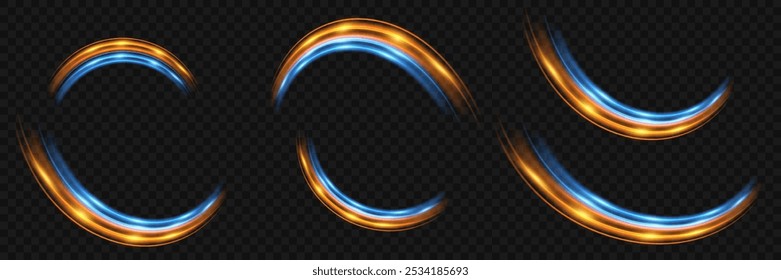 Líneas de velocidad brillantes. Efecto de rastro ligero, curva giratoria. Sobre un fondo transparente.