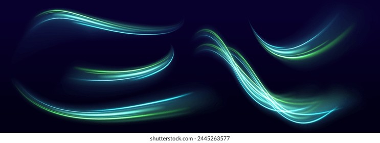 Glowing speed lines. Neon swirls with light effect in the form of a spiral. Laser beams, horizontal light rays. Acceleration speed motion on night road. Vector illustration	
