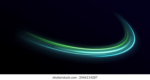 Glowing speed lines. Neon swirls with light effect in the form of a spiral. Laser beams, horizontal light rays. Acceleration speed motion on night road. Vector illustration	
