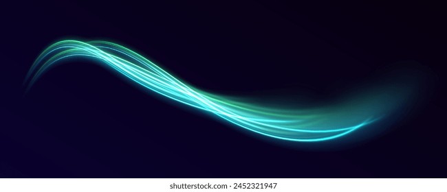 Glowing speed lines. Neon swirls with light effect in the form of a spiral. Laser beams, horizontal light rays. Acceleration speed motion on night road. Vector illustration	
