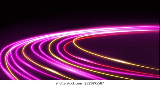 Glowing speed stripes. Traces of movement of a car. Night city lighting with long exposure. Abstract vector illustration isolated on black background.