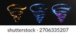 Glowing speed vortex set with swirling light trails in gold, blue, and neon purple. Futuristic spinning energy tornadoes with sparkling particles on transparent background, perfect for motion effects.