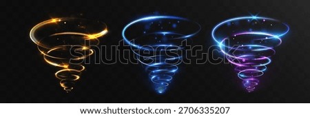 Glowing speed vortex set with swirling light trails in gold, blue, and neon purple. Futuristic spinning energy tornadoes with sparkling particles on transparent background, perfect for motion effects.