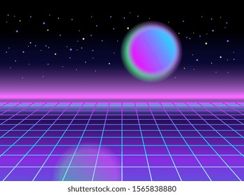 Glowing sphere. Retrowave, synthwave, rave, vapor party background. Light grid landscape. Yesterday’s tomorrow. Trendy retro 80s, 90s style. Black, purple, pink, blue colors. Banner, print, wallpaper