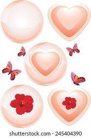 Glowing spheres and hearts. Decorative elements to the Valentines day. Vector