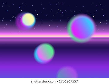 Glowing spheres. Science abstract background. Pattern. Vector artwork.  Print, poster, banner. Blue, black, pink, purple colors. Retrowave, synth wave, rave, vapor. Trendy retro 80s, 90s style.