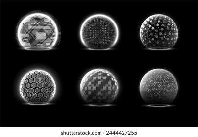 Glowing spheres white shield vector illustrations set. Various geometric content of 3D dome barriers digital technology. Luminous abstract energy protection, force field defense globe shell