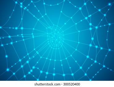 Glowing spider web on a blue background. Vector illustration