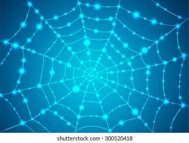Glowing spider web on a blue background. Vector illustration