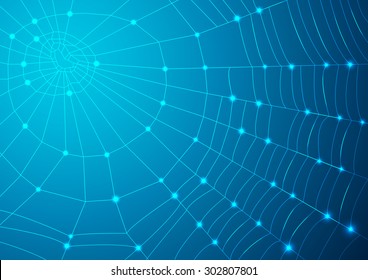 Glowing spider web on a blue background. Vector illustration