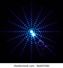 Glowing spider web on the dark background. Blue laser beams net. Light effect. Grid of blue laser rays. Vector glowing, illuminated background. Shine design element. Blue light lines, flare light. 