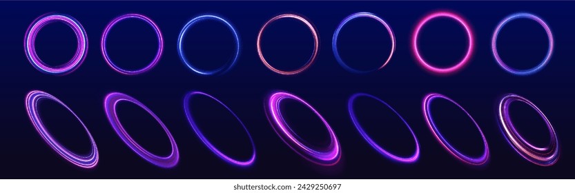 Glowing spiral. Abstract neon color glowing lines background. The energy flow tunnel. Shine round frame with light circles light effect.	