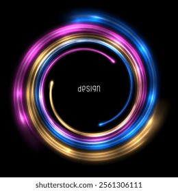 Glowing spiral with bright flashes. Pink, blue and yellow colors. Abstract luminous background.