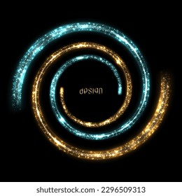 Glowing spiral with bright flashes. Turquoise and yellow colors. Abstract luminous background.