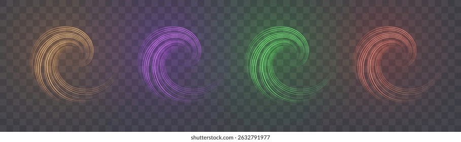 Glowing spiral energy traces on transparent background. Light effect for web design game interfaces and illustrations.