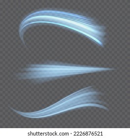 Glowing spiral lines effect. Curved line light. Glittering wavy trail. Swirling glow neon trails. Rotating shining waves of speed. Sparkling swirl with flare sparkles. Dynamic blue motion wave, vector