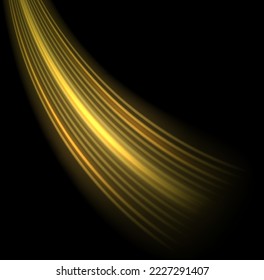 Glowing spiral lines effect. Curved line light. Glittering trail. Swirling glow golden neon wavy. Rotating shining waves of speed. Sparkling swirl with flare sparkles. Dynamic blue motion wave, vector